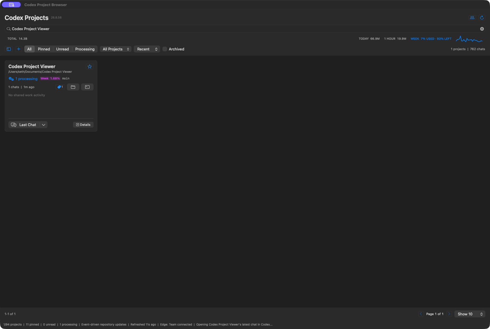 Project Browser showing a searchable project card, activity filters, token usage, and quick project actions