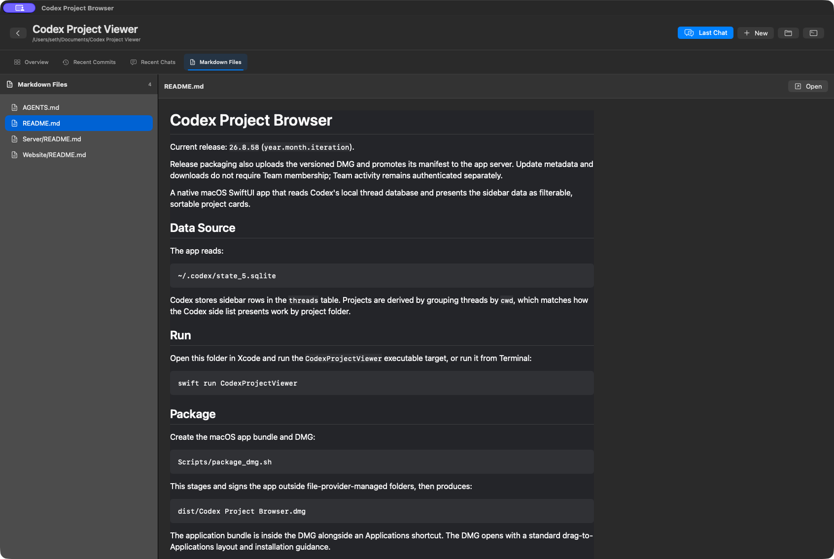Markdown Files view in Project Browser showing a project file list and rendered README documentation