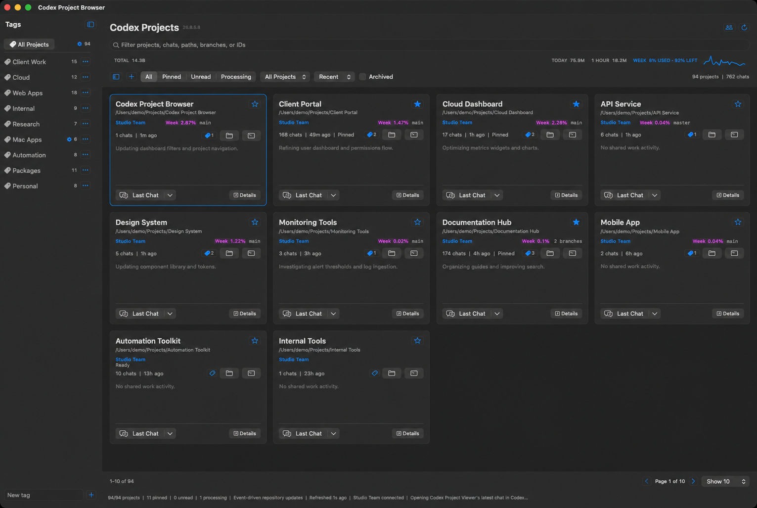 Project Browser showing a project card grid with a left sidebar for creating, filtering, editing, and managing project tags